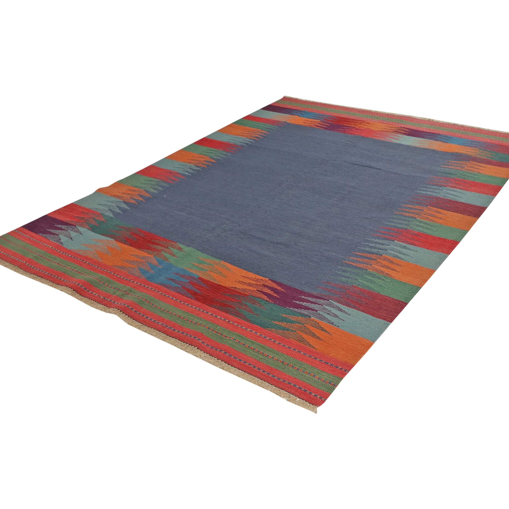 Covor din lână țesut traditional cu desen modern gri si margini multicolore Kilim Gashghai (249cm x 186cm)