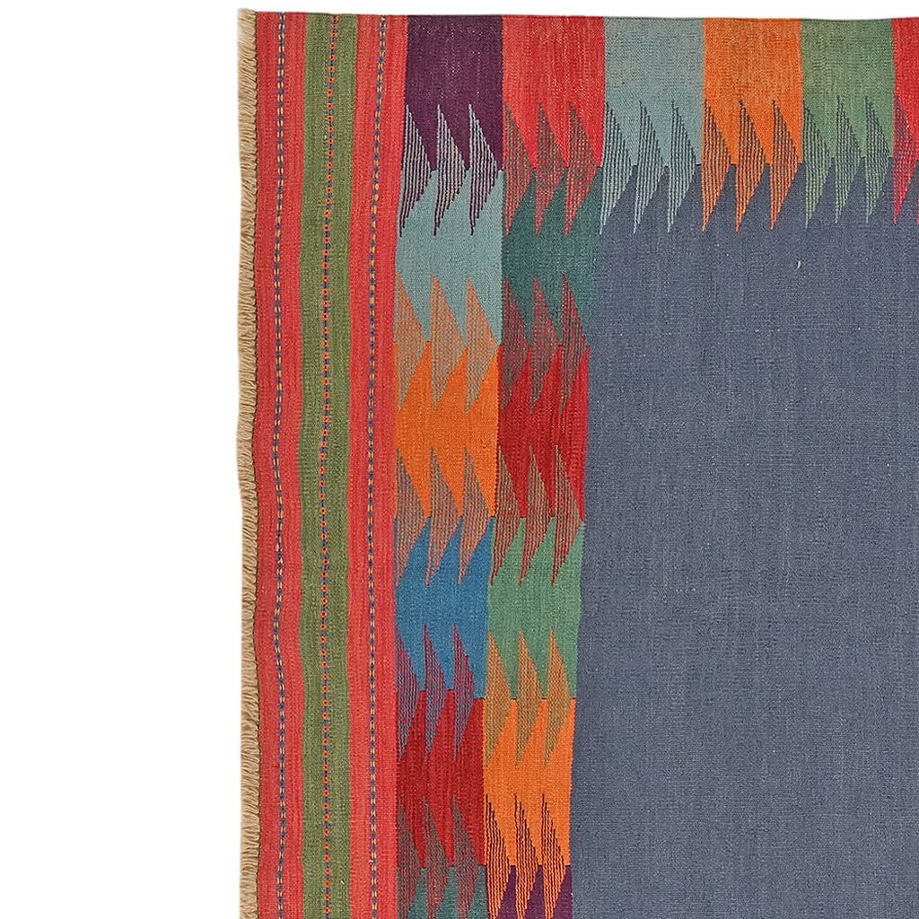 Covor traditional din lână țesut manual gri si margini multicolore Kilim Gashghai (249cm x 186cm) cu franjuri mici