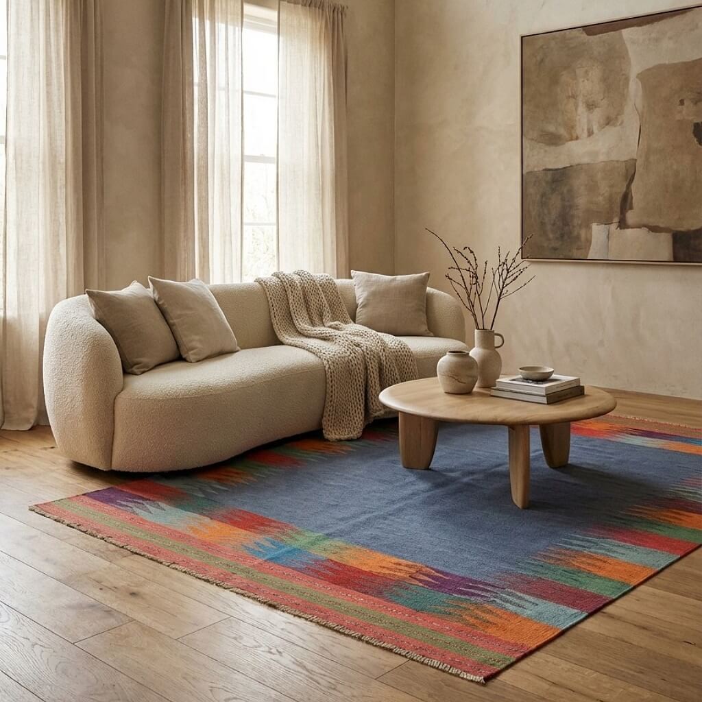 Covor traditional din lână țesut manual gri si margini multicolore Kilim Gashghai (249cm x 186cm) in living