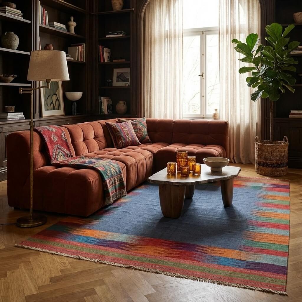 Covor traditional din lână țesut manual gri si margini multicolore Kilim Gashghai (249cm x 186cm) in camera de zi