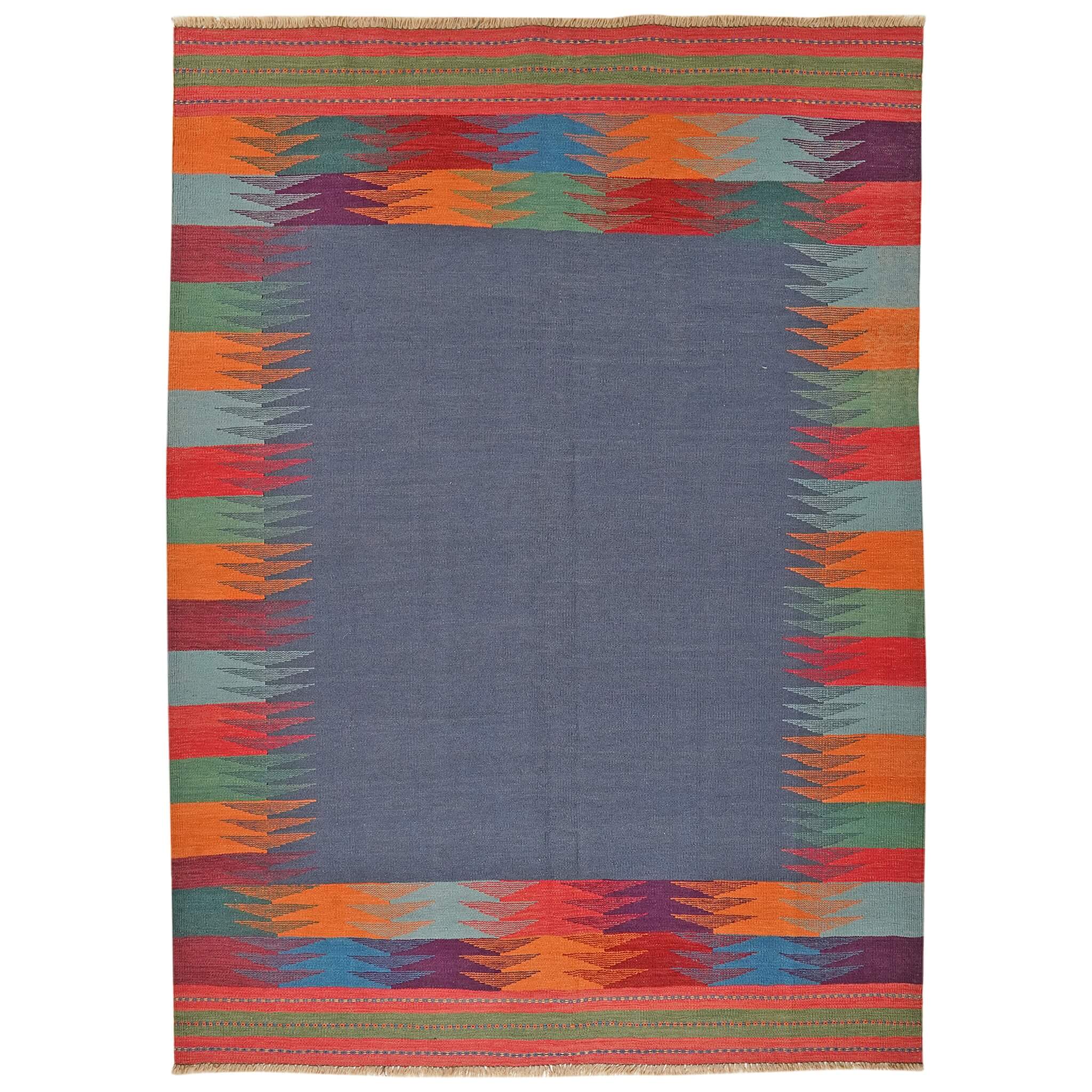Covor din lână țesut manual gri si margini multicolore Kilim Gashghai (249cm x 186cm)