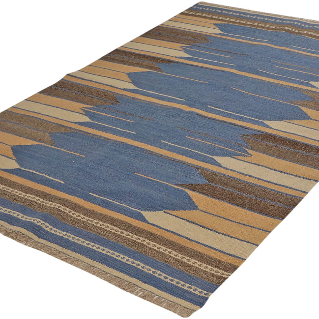 Covor din lână țesut plat in tonuri de bej si albastru Kilim Gashghai (201cm x 133cm) 