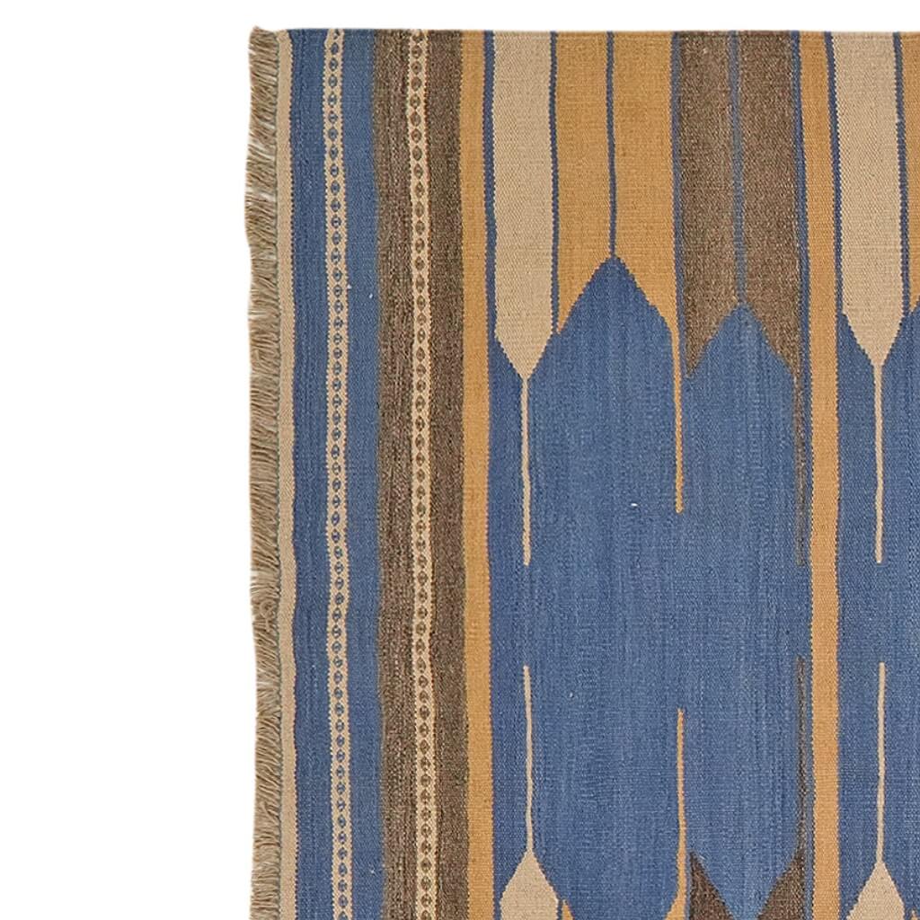 Covor din lână țesut manual in tonuri de bej si albastru Kilim Gashghai (201cm x 133cm) cu franjuri mici