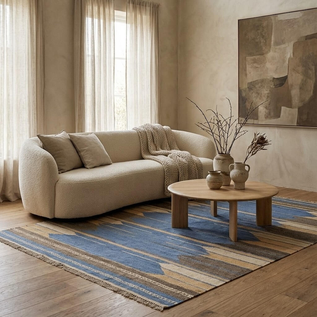 Covor din lână țesut manual in tonuri de bej si albastru Kilim Gashghai (201cm x 133cm)  in camera de zi