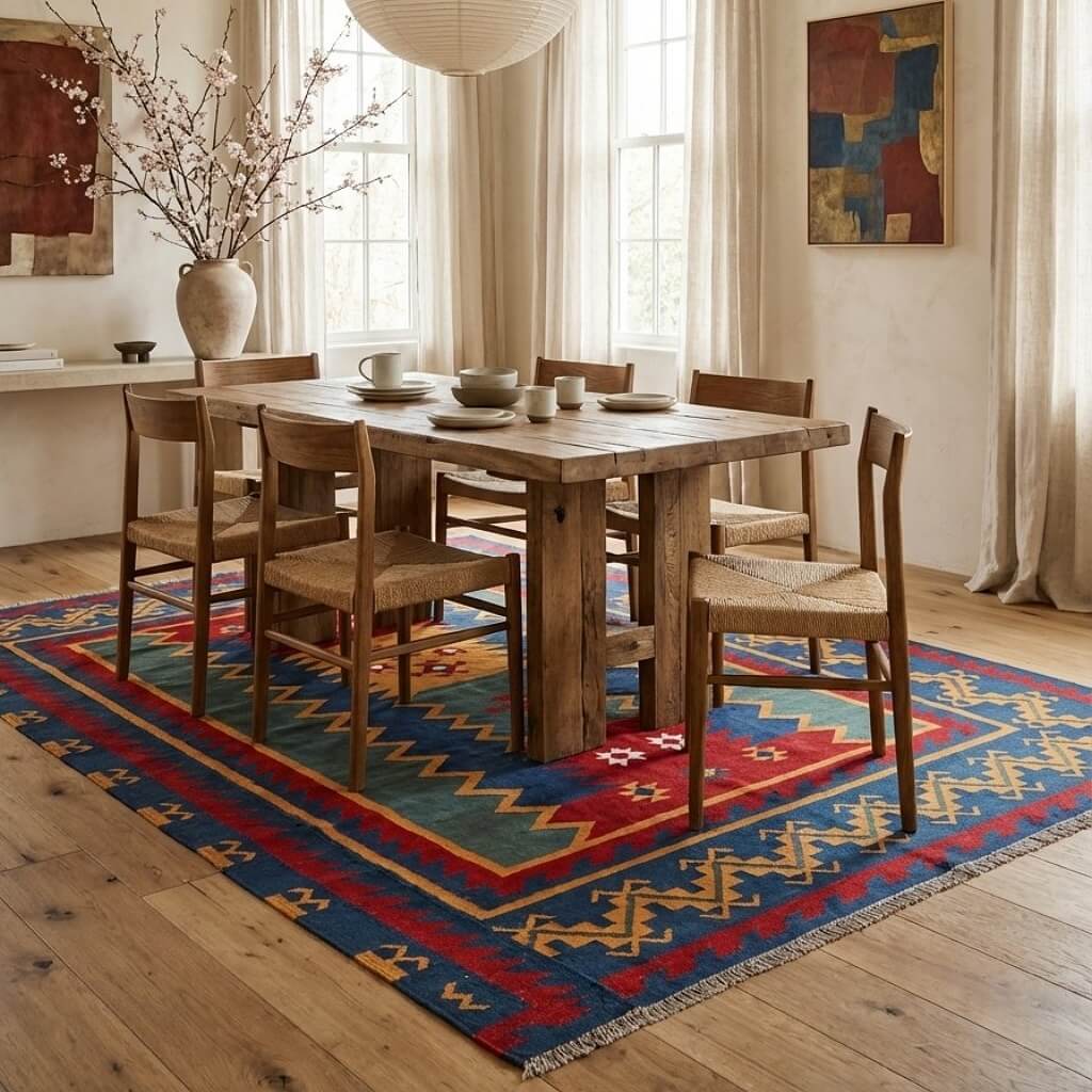 Covor din lână țesut manual cu motive geometrice in culori rosu, galben si albastru Kilim Gashghai (398cm x 326cm) in living sub masa de dining
