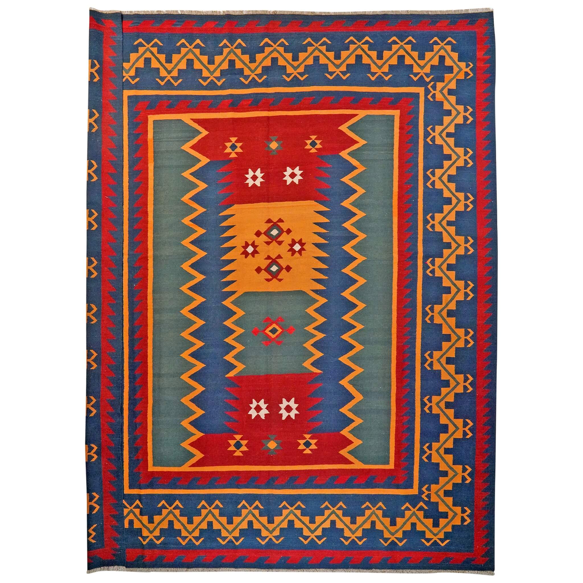 Covor din lână țesut manual cu motive geometrice tricolor, Kilim Gashghai (399cm x 325cm) 