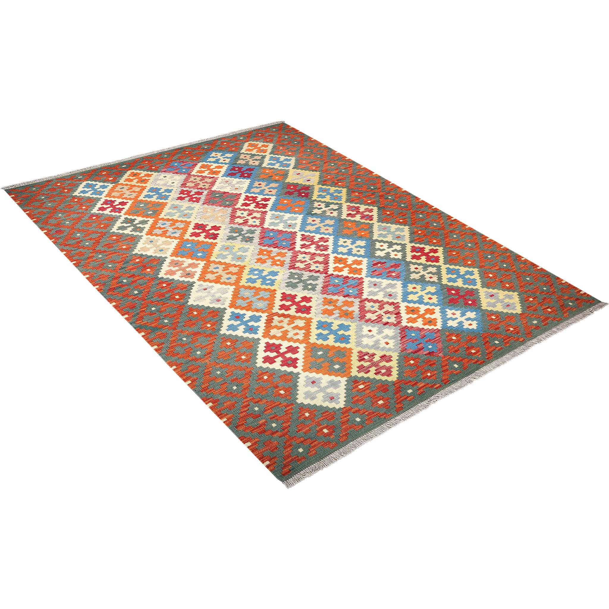 Covor din lână multicolor cu tesatura plata cu motive traditionale Kilim Gashghai (241cm x 176cm)