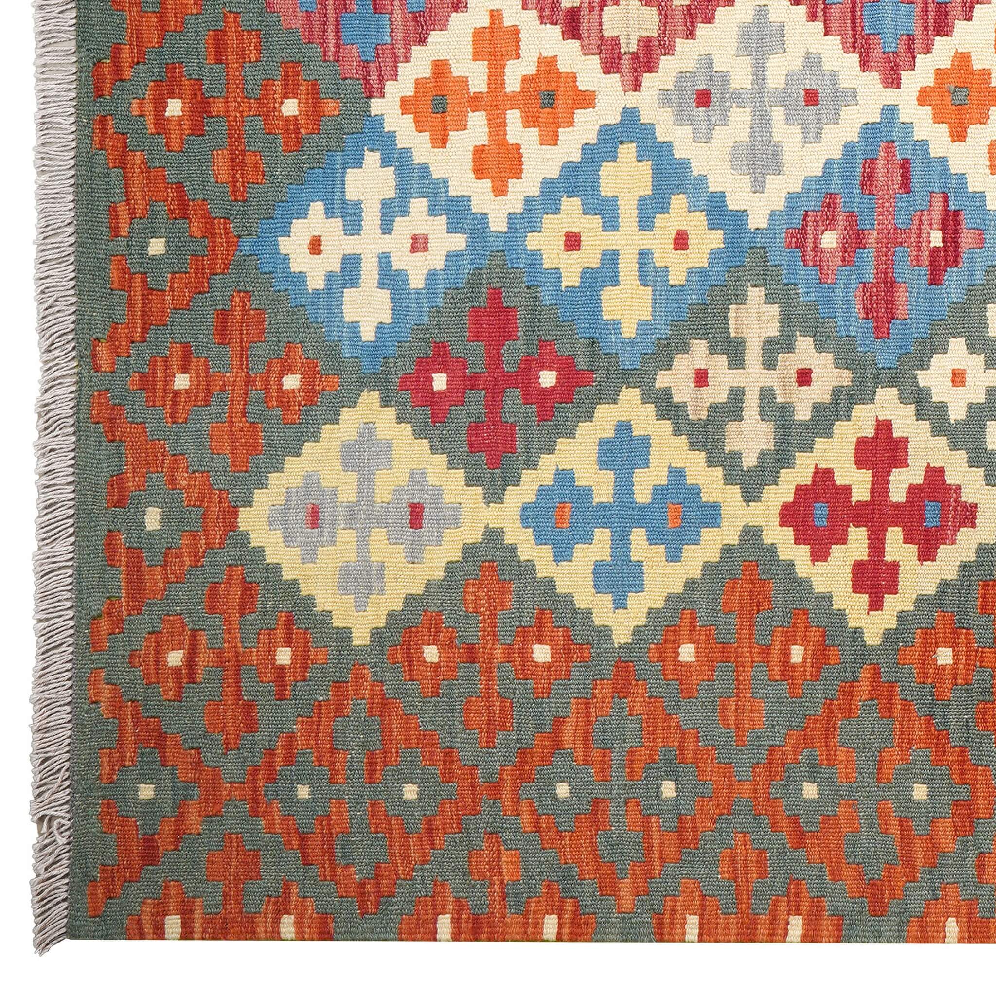 Covor din lână multicolor țesut manual cu motive traditionale Kilim Gashghai (241cm x 176cm) cu franjuri