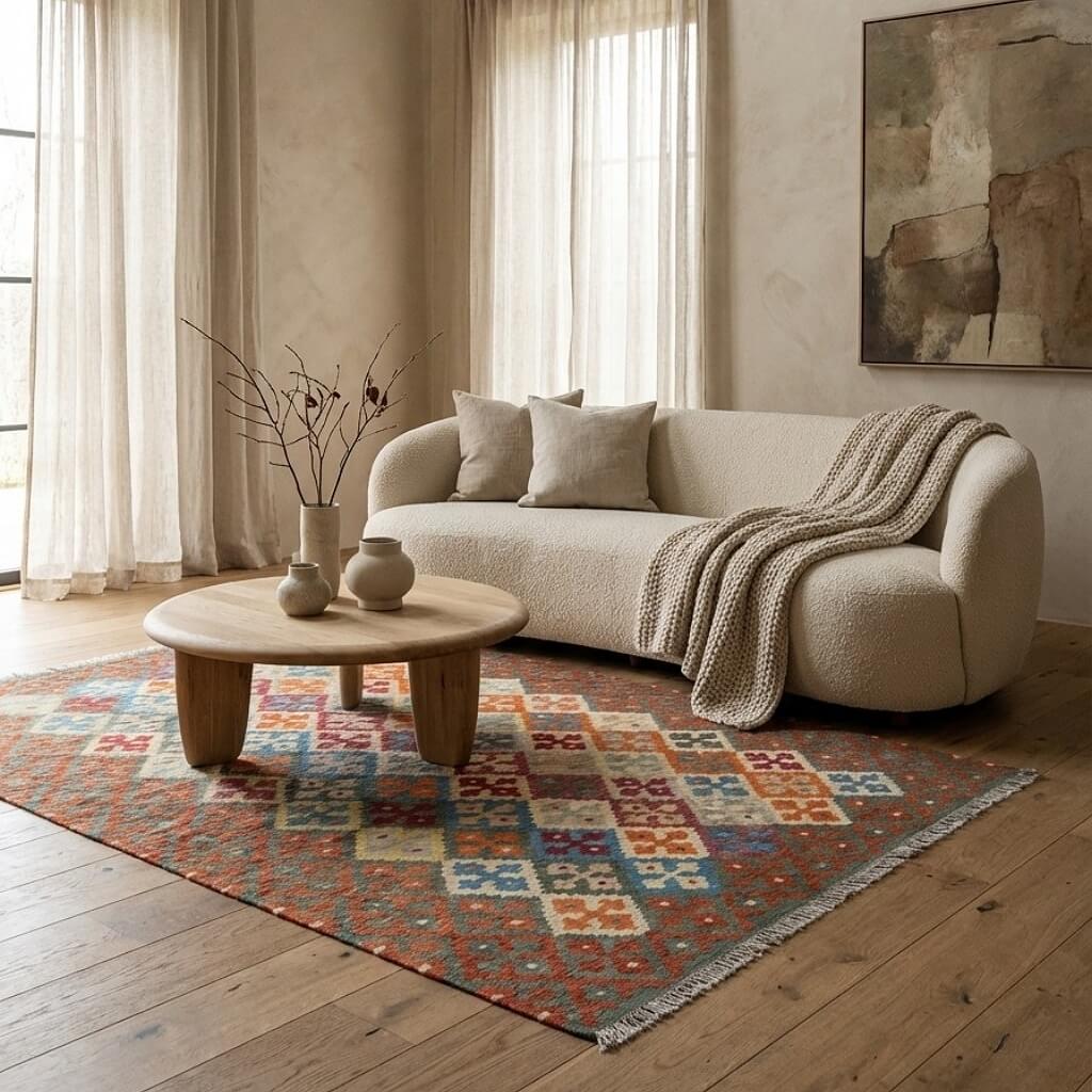 Covor din lână multicolor țesut manual cu motive traditionale Kilim Gashghai (241cm x 176cm) intr-o camera generoasa plina de lumina