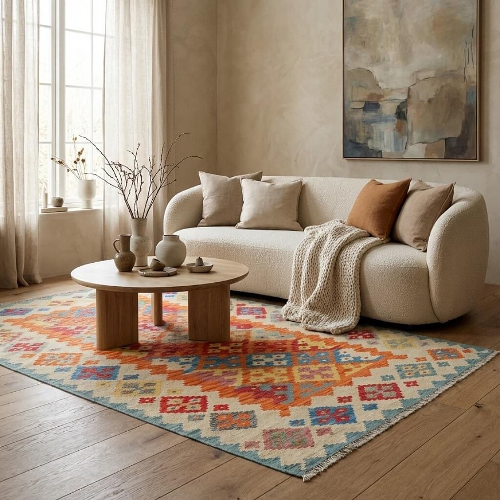 Covor traditional din lână țesut manual Kilim Gashghai multicolor (250cm x 171cm) in camera de zi in fata canapelei