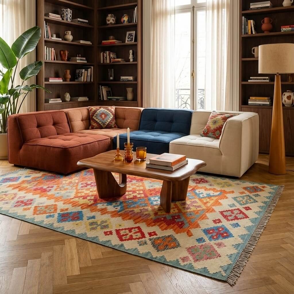 Covor traditional din lână țesut manual Kilim Gashghai multicolor (250cm x 171cm) in living sub o masuta de cafea