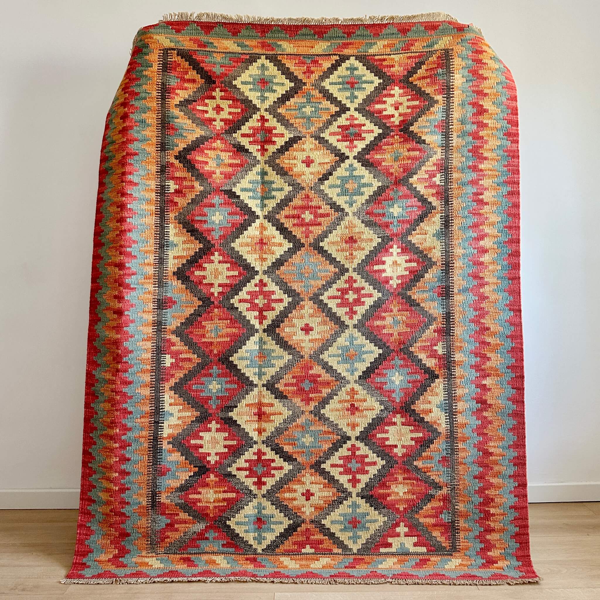 Covor Traditional din Lana Tesut Plat - Kilim Gashghai - nuante calde pamantii
