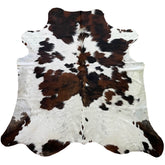 covor piele de vaca alb naturala pestrit tricolor maro si negru, mango+bloom