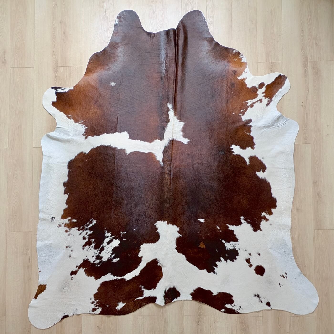 Covor din Piele de Vaca - Maro & Alb (240cm x 215cm) - piele naturala fotografiata real - pe parchet