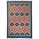 covor kilim loxi creat traditional manual pe razboaie, model diamant in nuante de roz si bleu, mango+bloom