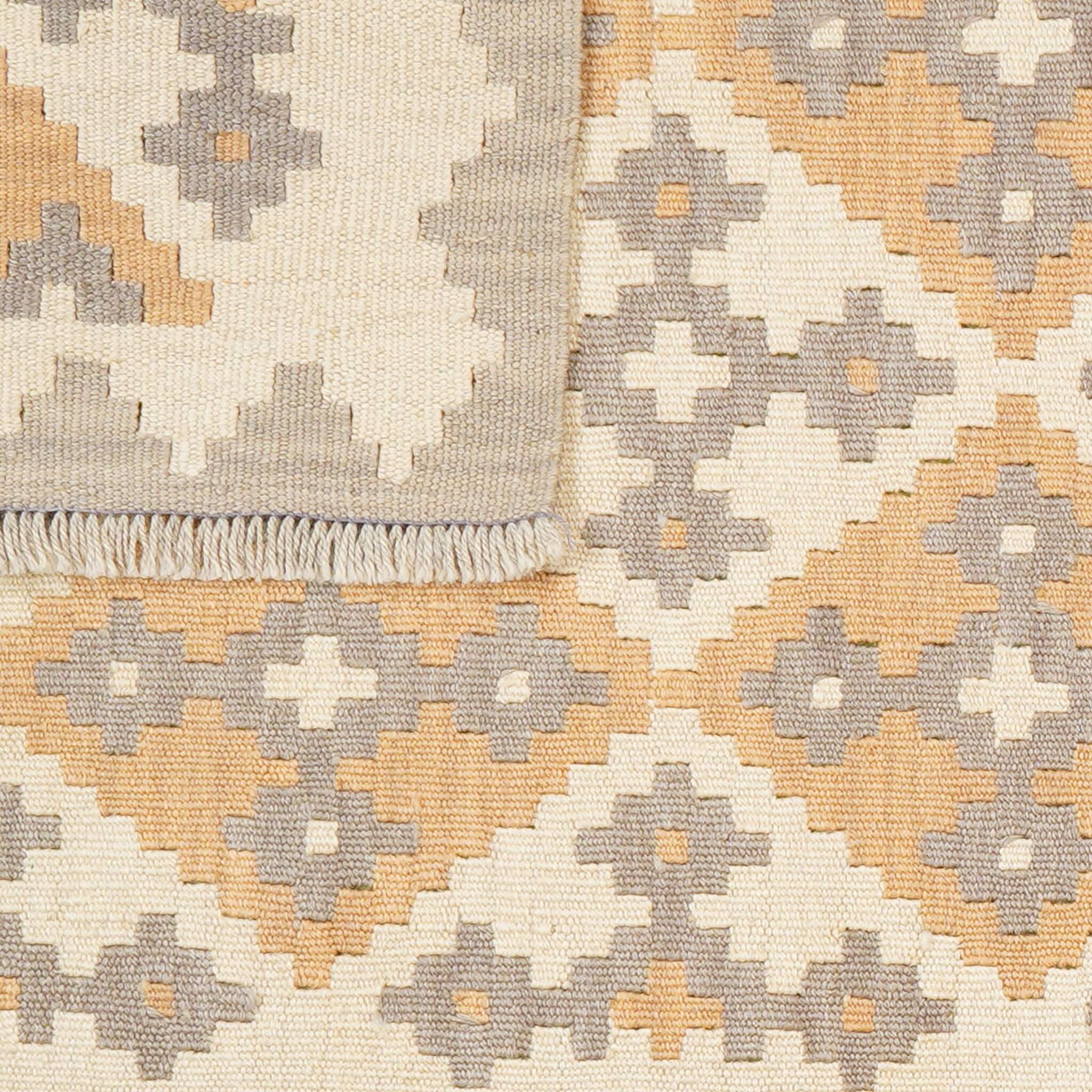 Covor traversa reversibili din lana tesut manual in stil traditional Kilim Gashghai (198cm x 85cm) in nuante de bej si gri