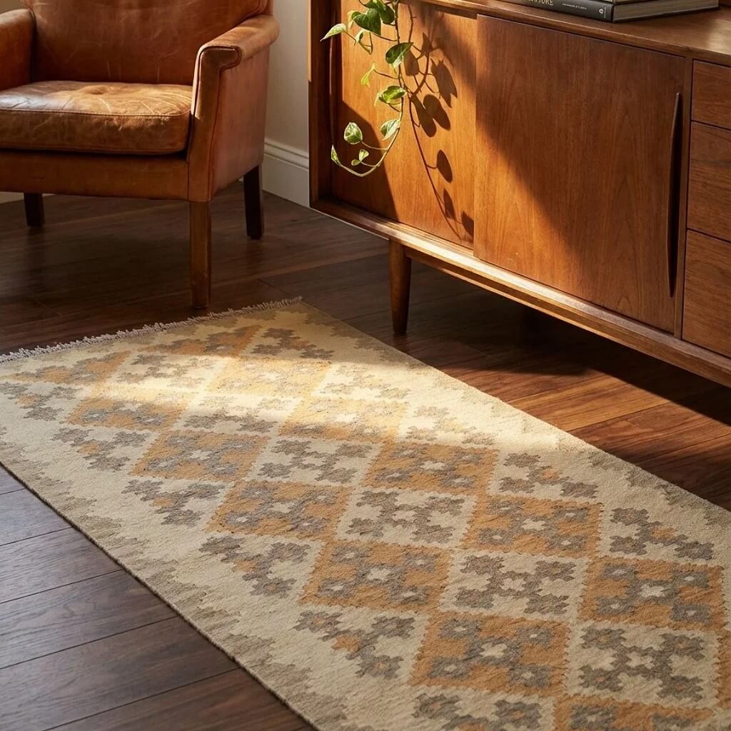 Covor traversa din lana tesut manual in stil traditional Kilim Gashghai (198cm x 85cm) in nuante de bej si gri in fata unei comode art deco