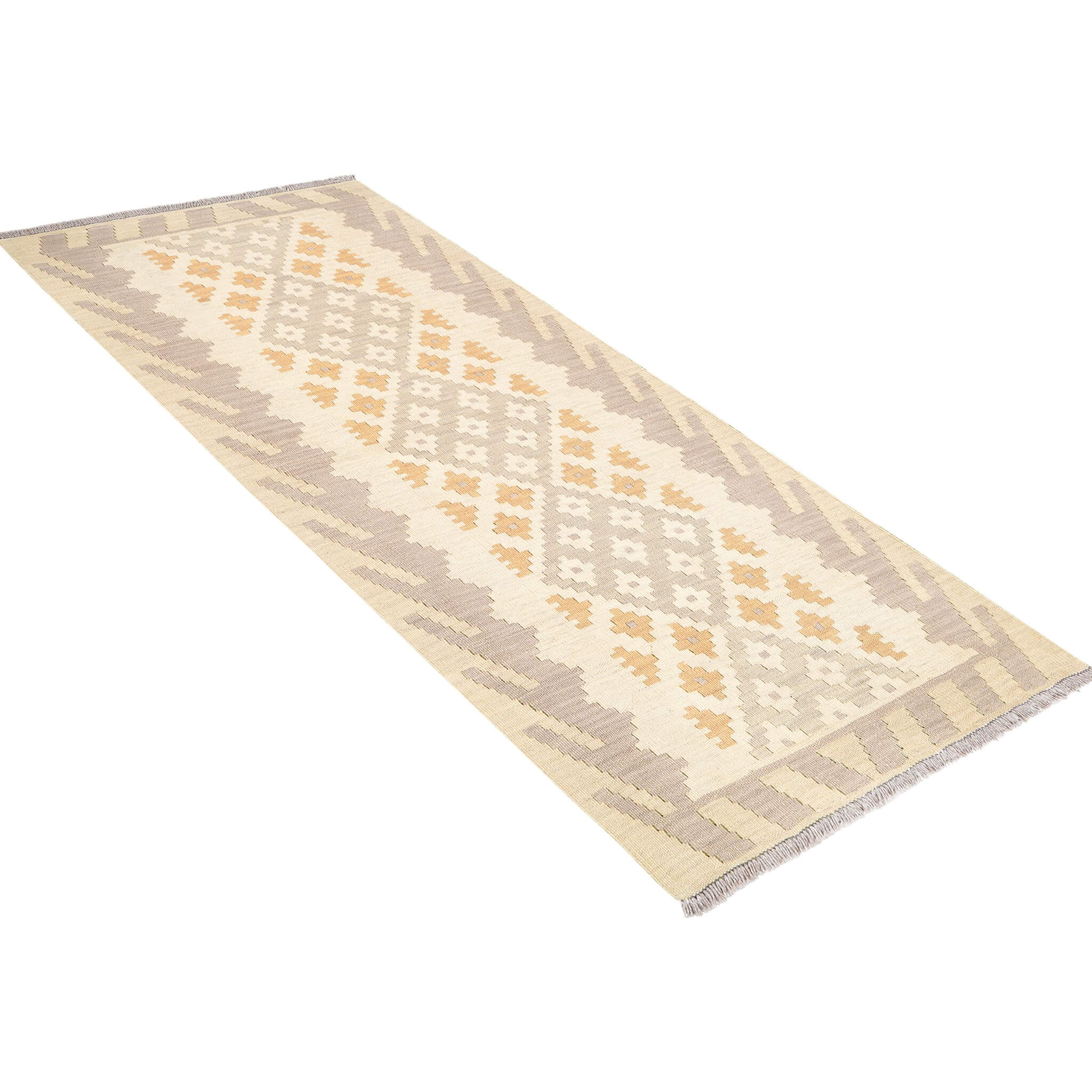 Covor traversa din lana tesut plat Kilim Gashghai (197cm x 84cm) in nuante de bej si gri