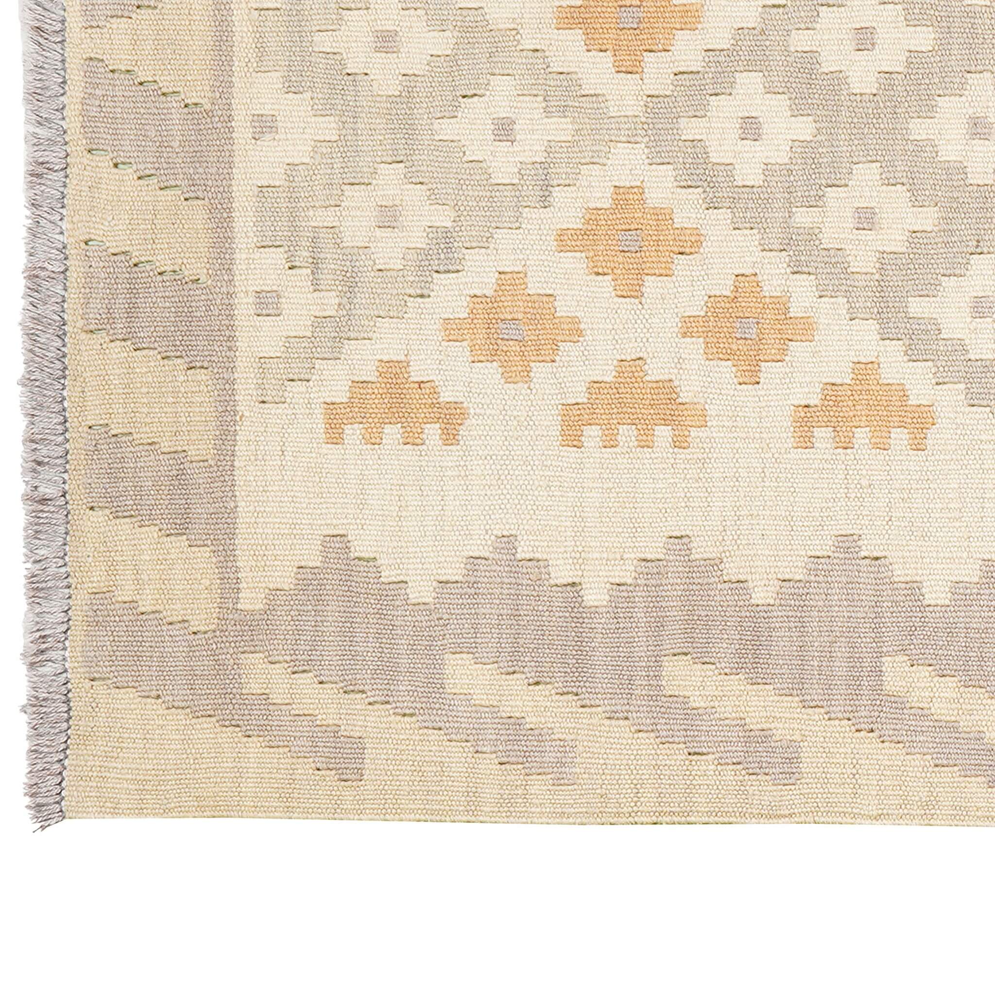 Covor traversa din lana tesut manual Kilim Gashghai (197cm x 84cm) in nuante de bej si gri cu franjuri scurti