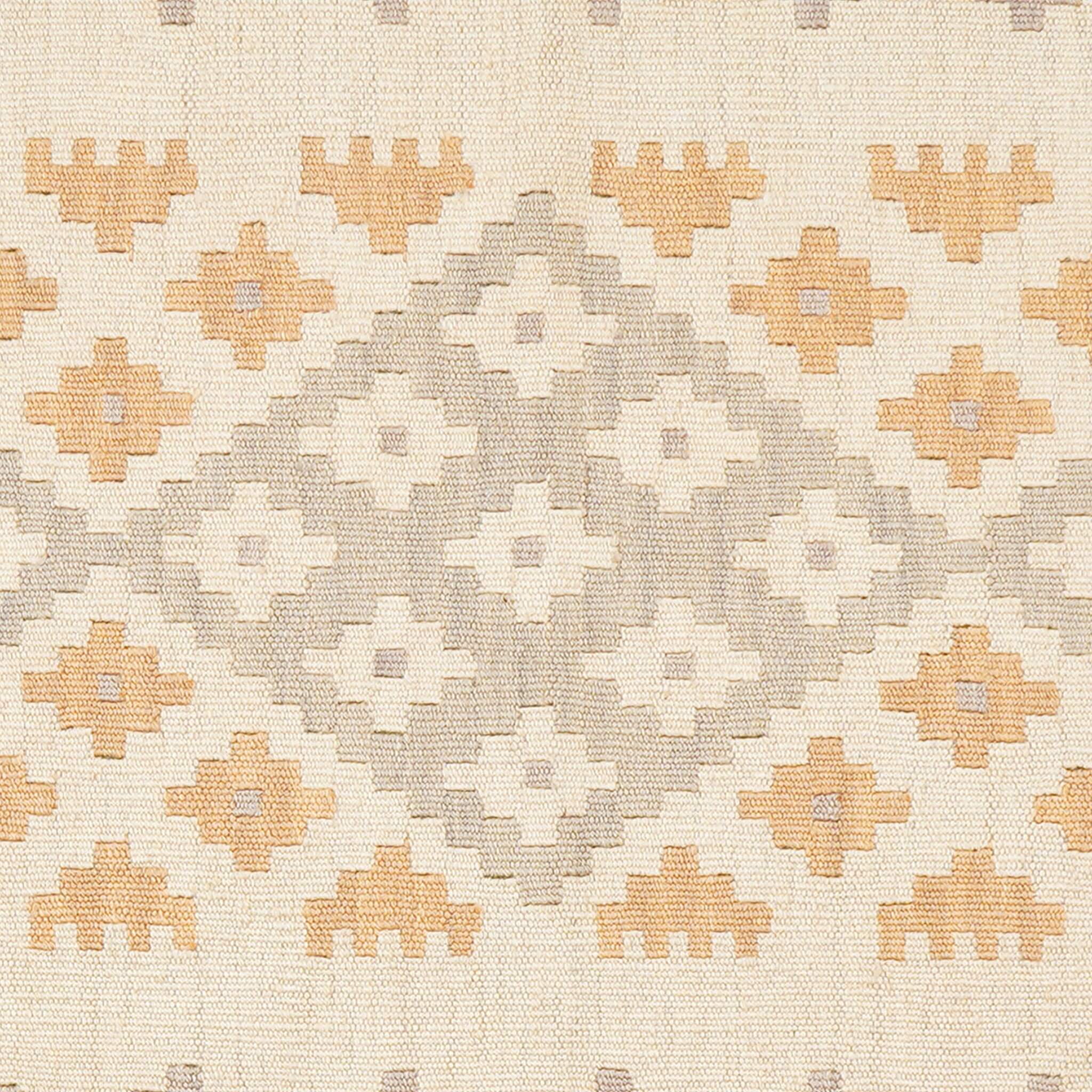 Covor traversa din lana tesut manual cu detalii geometrice Kilim Gashghai (197cm x 84cm) in nuante de bej si gri