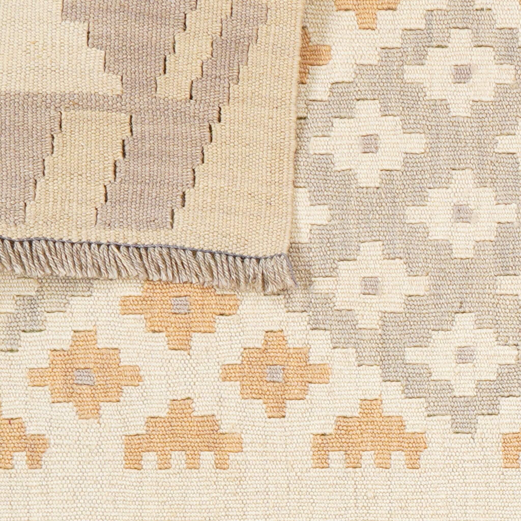 Covor traversa reversibil din lana tesut manual Kilim Gashghai (197cm x 84cm) in nuante de bej si gri
