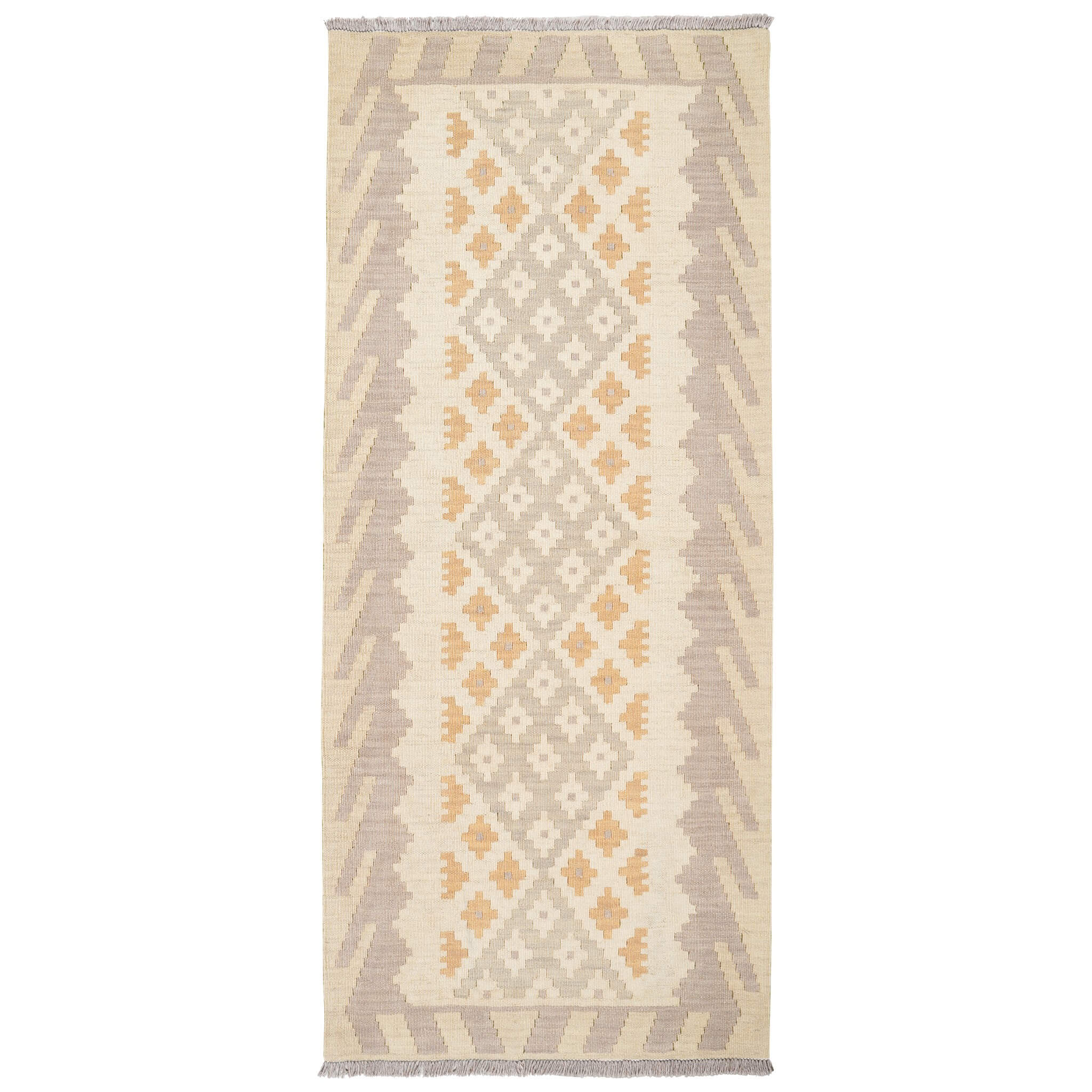 Covor traversa din lana tesut manual Kilim Gashghai (197cm x 84cm) in nuante de bej si gri