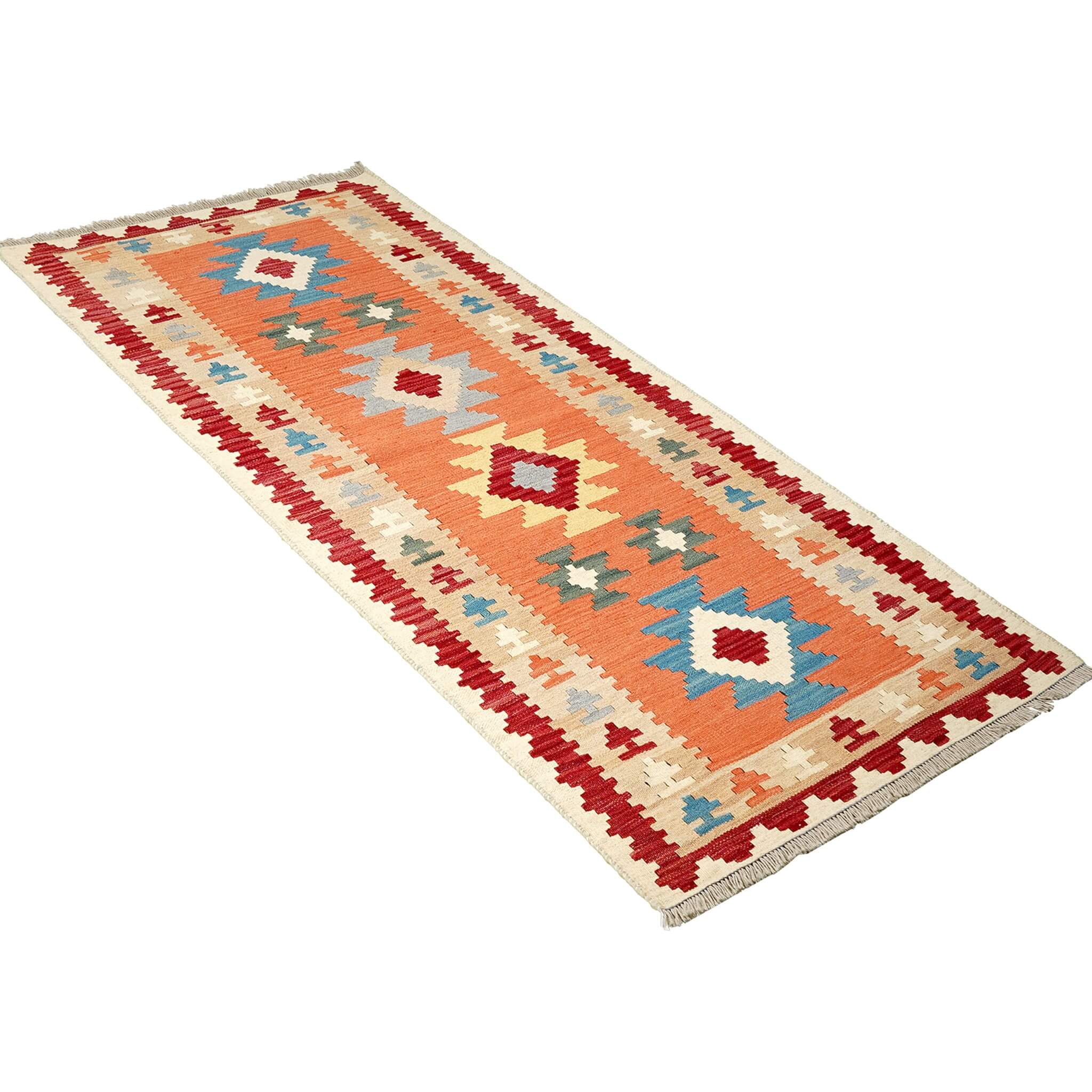 Traversa din lână țesuta plat cu motive geometrice in culori portocaliu, bej si terracotta, Kilim Gashghai (204cm x 86cm)