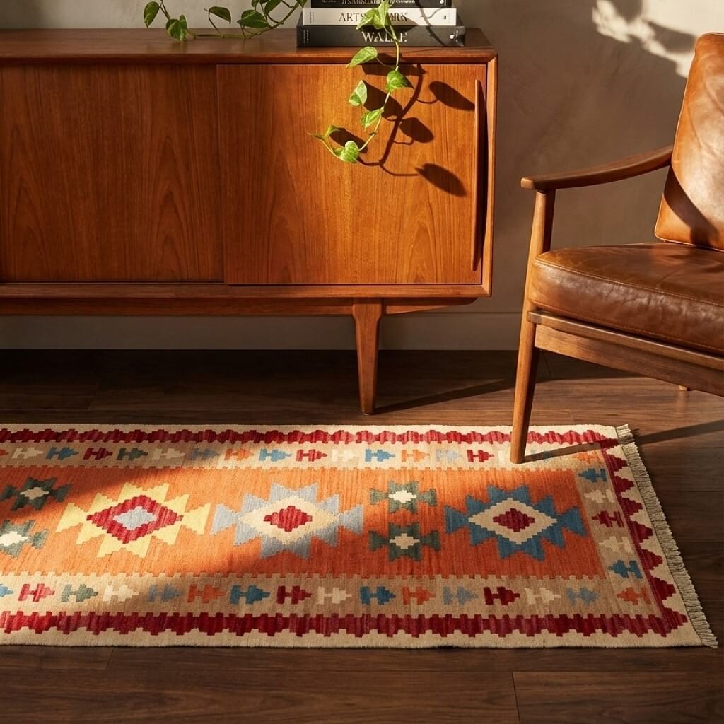 Traversa din lână țesuta manual cu motive geometrice in culori portocaliu, bej si terracotta, Kilim Gashghai (204cm x 86cm) in fata unei comode
