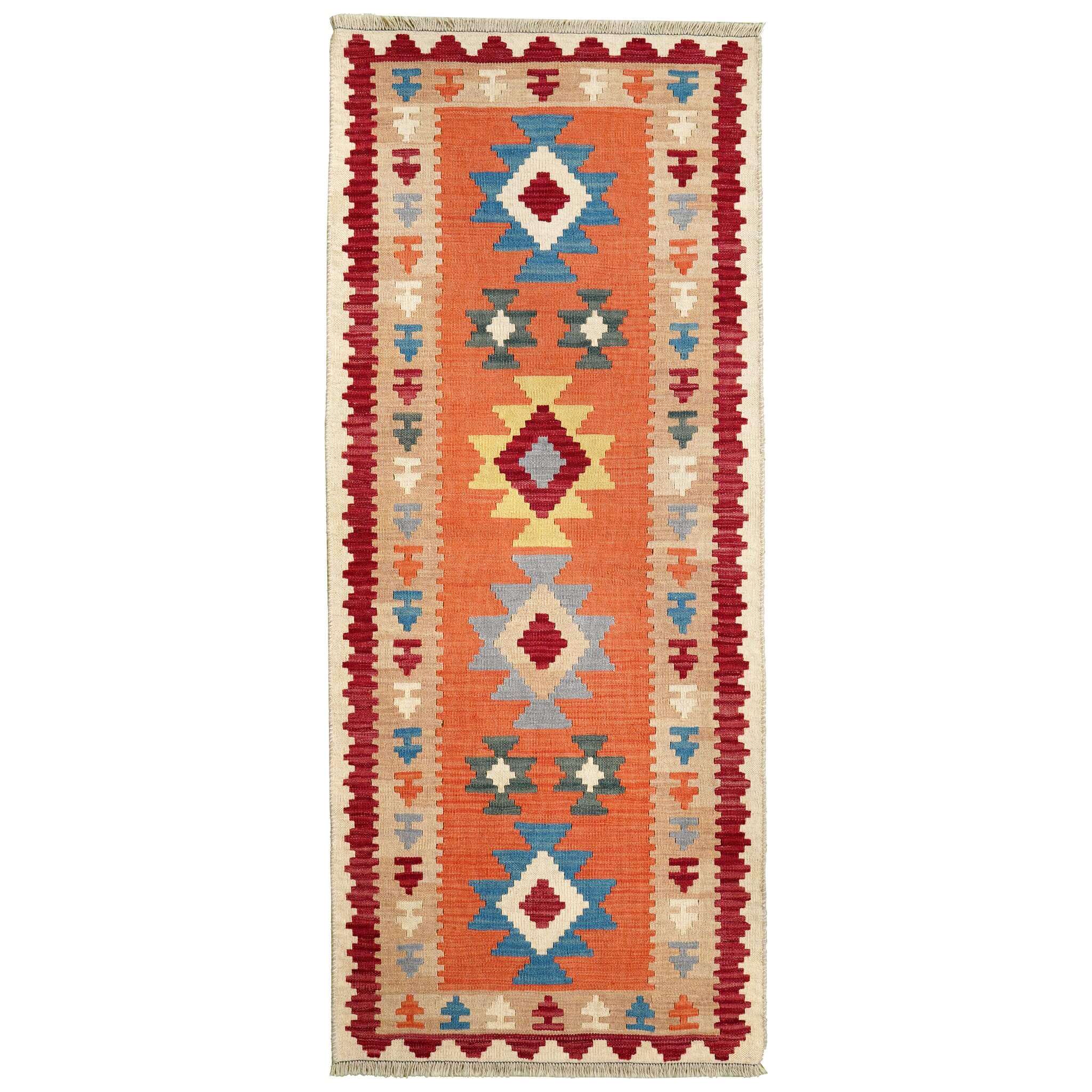 Traversa din lână țesuta manual cu motive geometrice in culori portocaliu, bej si terracotta, Kilim Gashghai (204cm x 86cm)