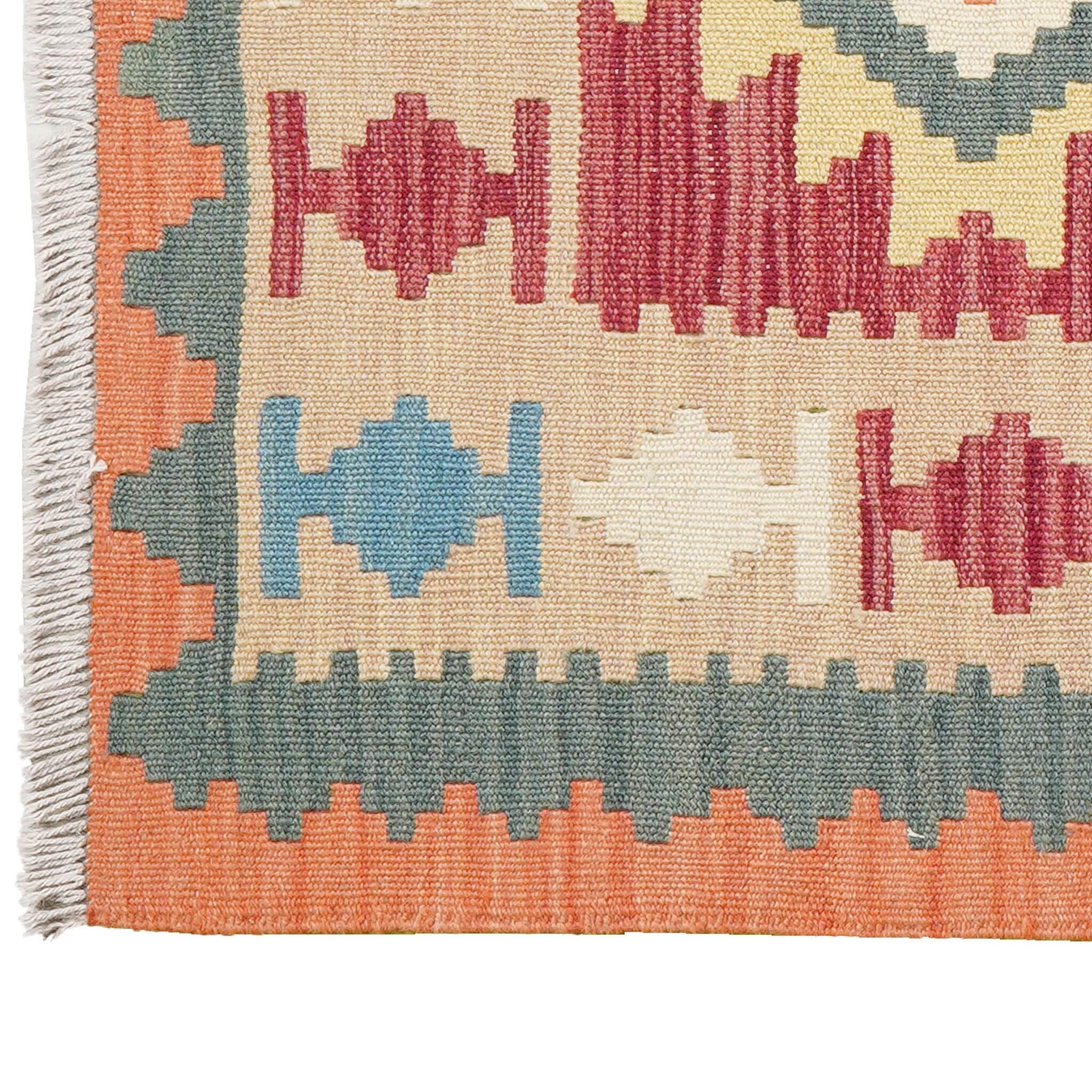 Covor traversa din lana tesut manual in stil traditional Kilim Gashghai (195cm x 89cm) multicolor cu franjuri scurti