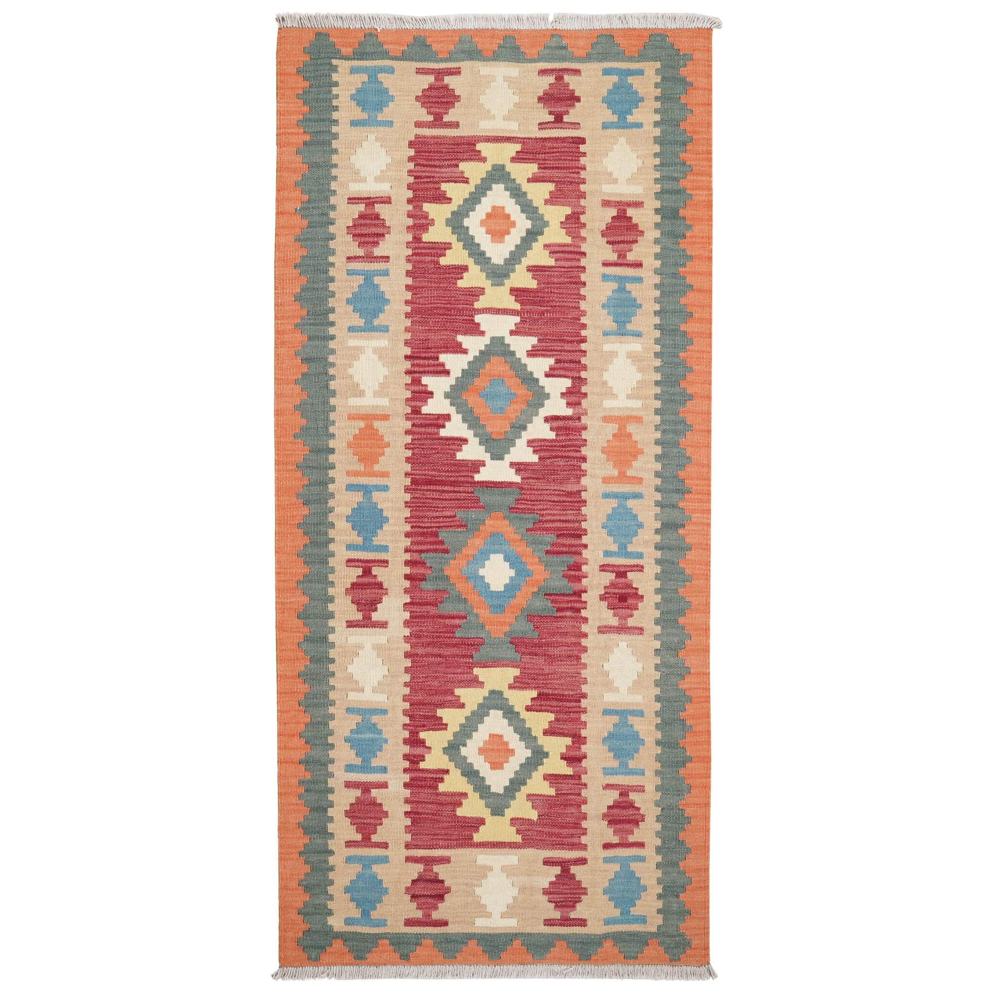 Covor traversa din lana tesut manual in stil traditional Kilim Gashghai (195cm x 89cm) multicolor