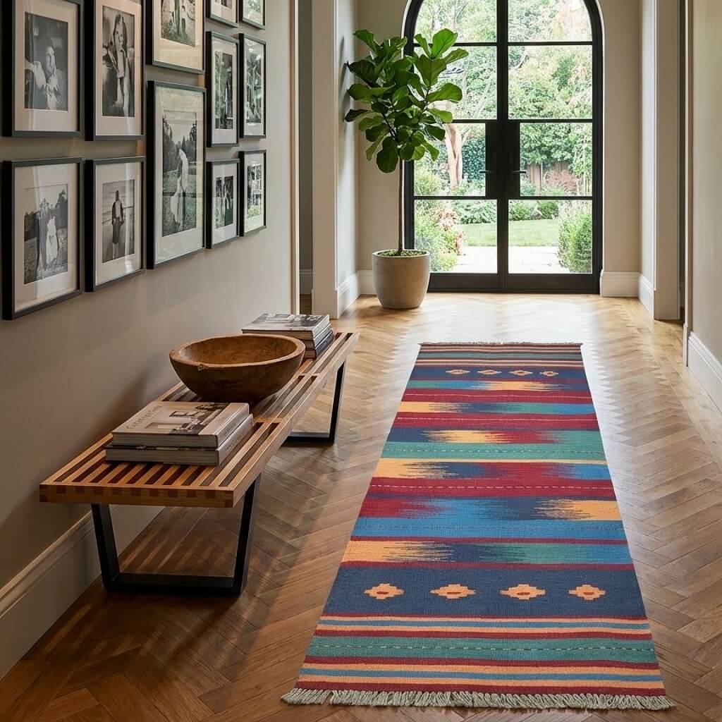 Covor traversa din lana tesut manual in stil traditional Kilim Gashghai (201cm x 62cm) multicolor pe hol la intrarea in casa