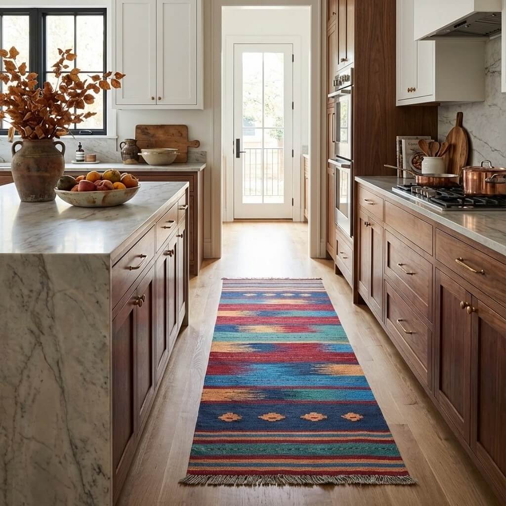 Covor traversa din lana tesut manual in stil traditional Kilim Gashghai (201cm x 62cm) multicolor pe parchet in bucatarie