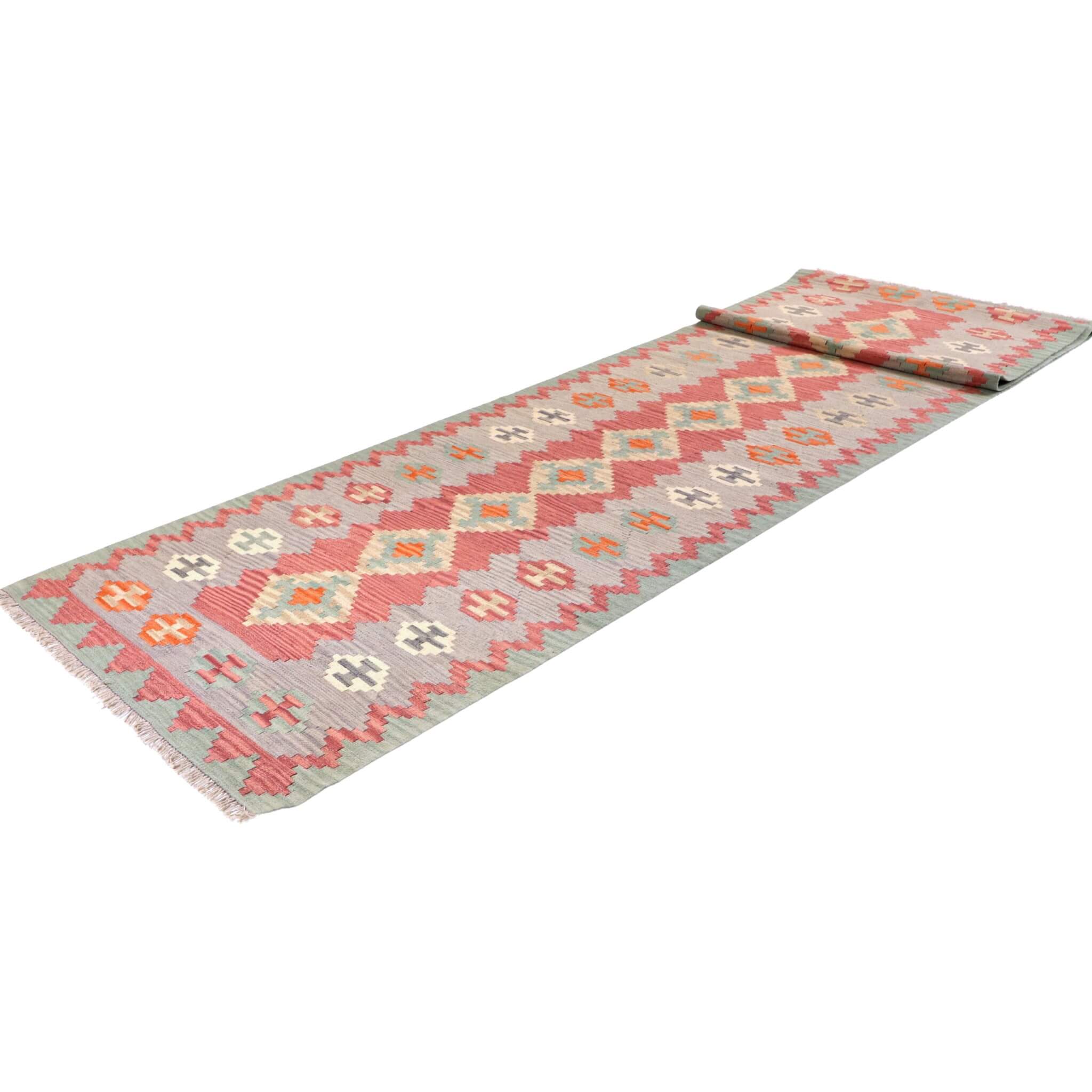 Traversa de dimensiuni mari din lână țesuta plat cu motive geometrice in culori pastel, Kilim Gashghai (490cm x 106cm) 