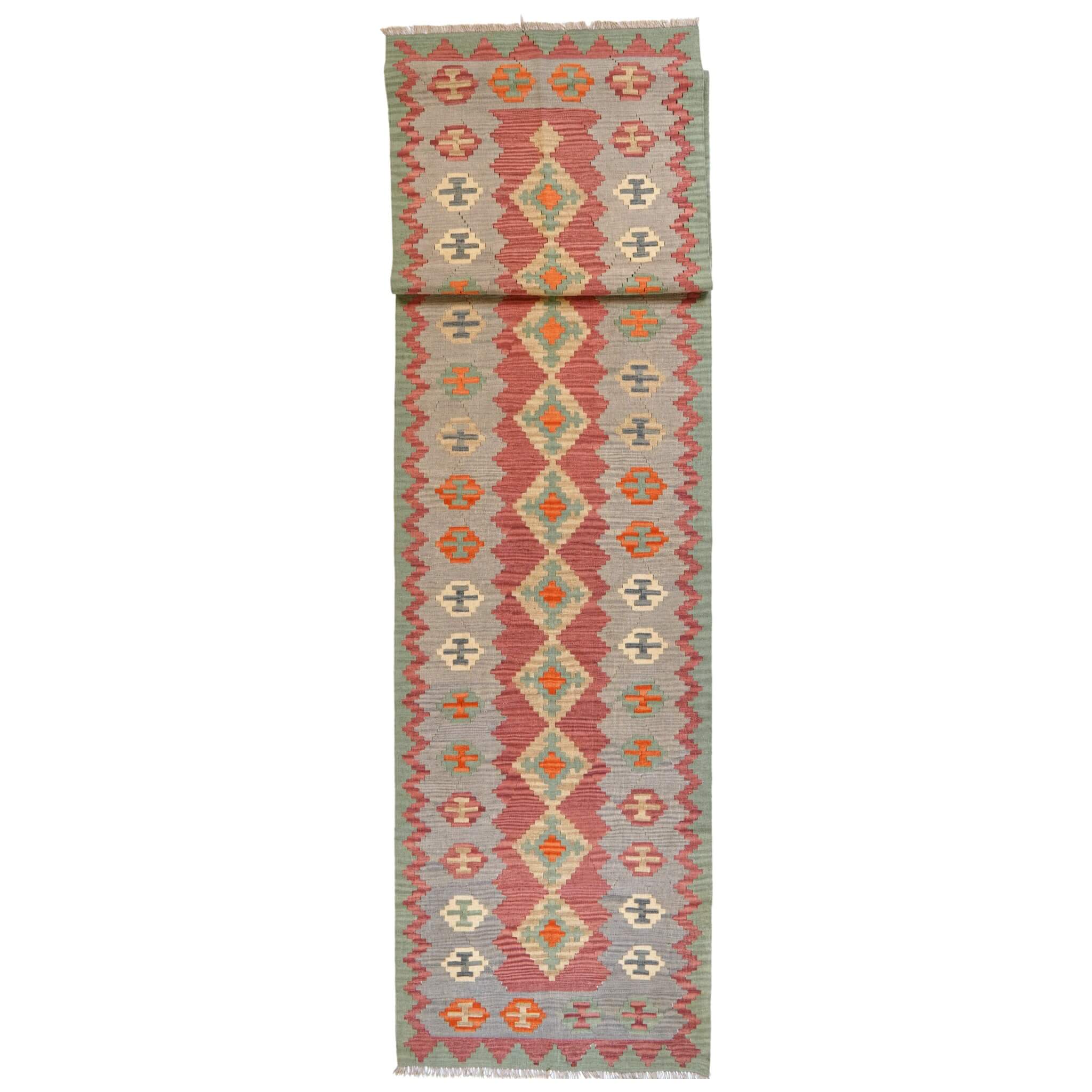 Traversa din lână țesuta manual cu motive geometrice in culori pastel, Kilim Gashghai (490cm x 106cm) 
