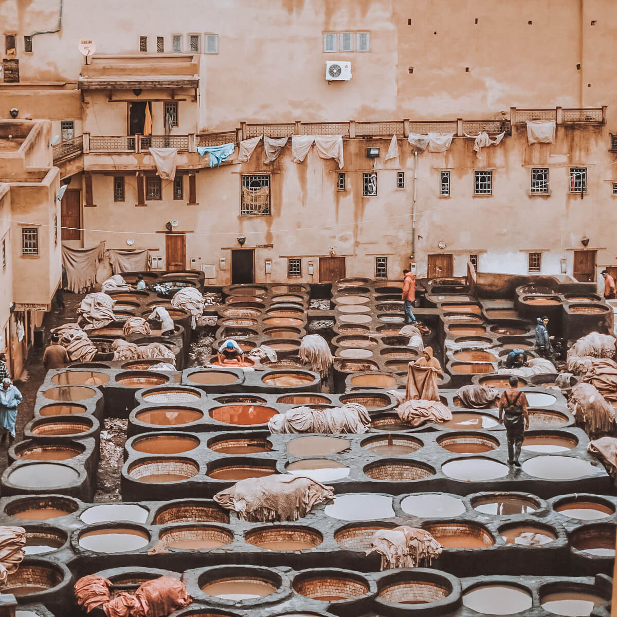 artizani din maroc vopsind piei naturale de capra in marrakech