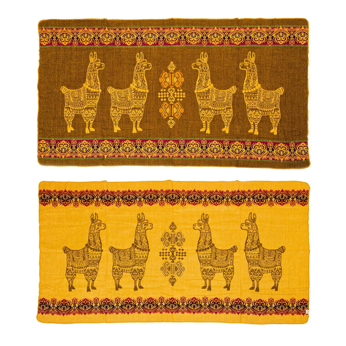 Patura din Lana Alpaca Andes, model animal alpaca, 2 fete reversibila single, galben mustar, model