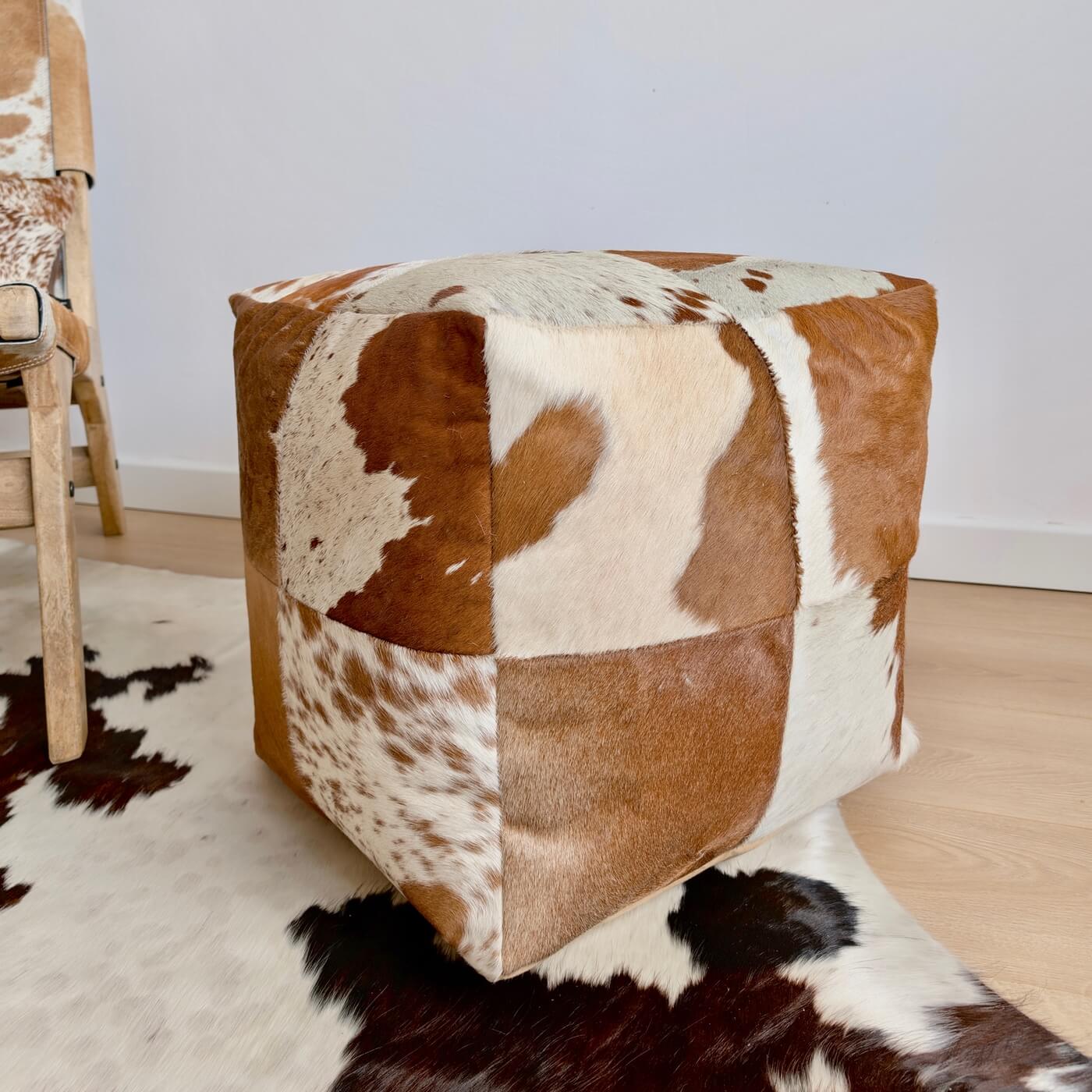 Taburet Patrat din Piele Naturala de Vaca, Maro Deschis cu Alb, 40 x 40 x 40 cm, side