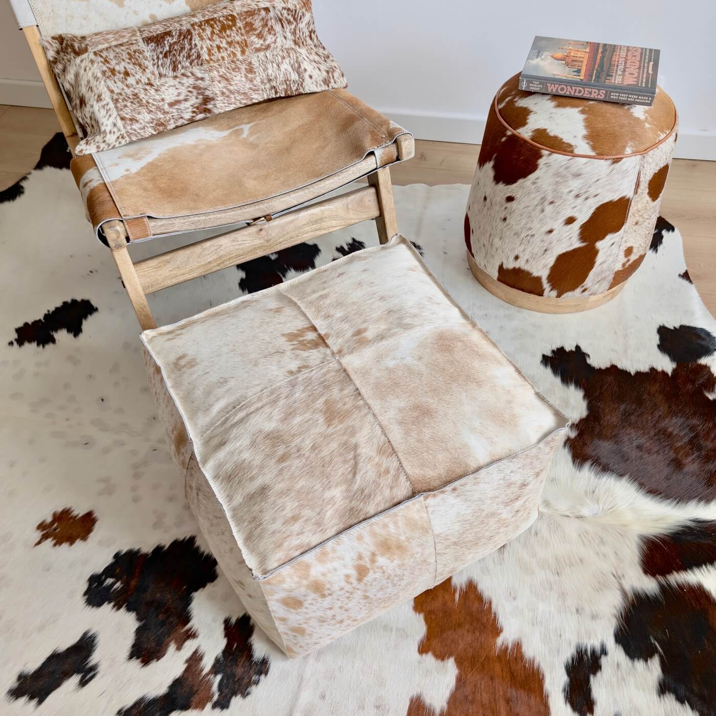 Taburet Puf din Piele Naturala de Vaca, Bej Pestrit, idei decor natural
