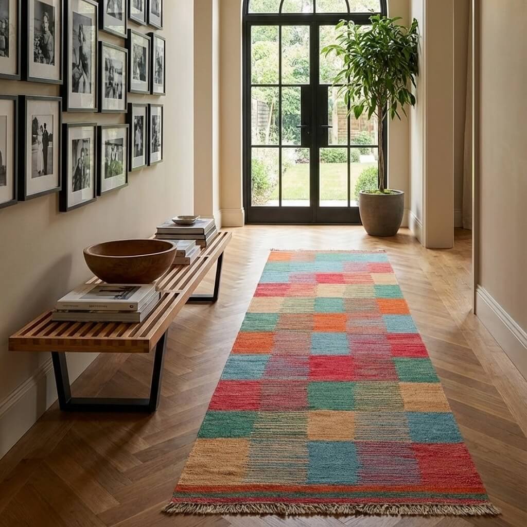 Covor traversa din lână țesut manual cu model in patrate, Kilim Gashghai pe parchet in hol (201cm x 62cm)