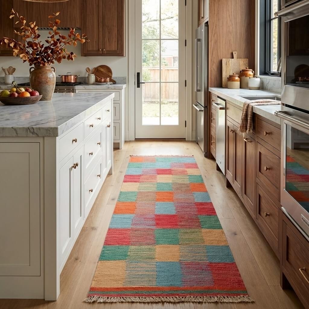 Covor traversa din lână țesut manual cu model in patrate, Kilim Gashghai in bucatarie in fata insulei (201cm x 62cm)