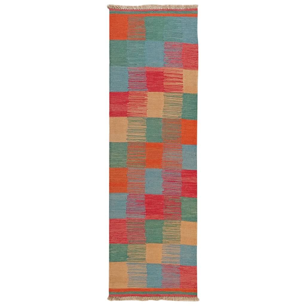 Covor traversa din lână țesut manual cu model in patrate, Kilim Gashghai (201cm x 62cm)
