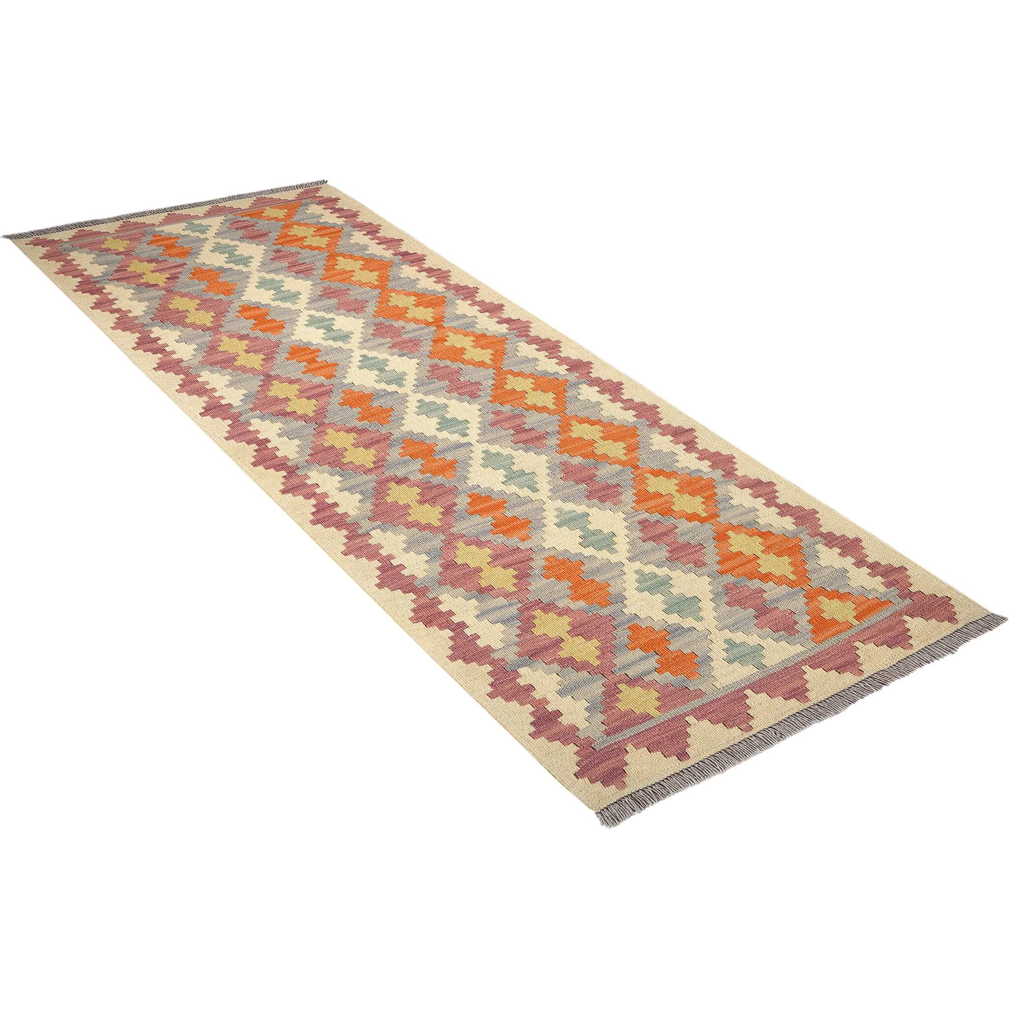 Covor traversa din lână țesut manual plat cu motive traditionale geometrice in culori pastel, Kilim Gashghai (204cm x 85cm)