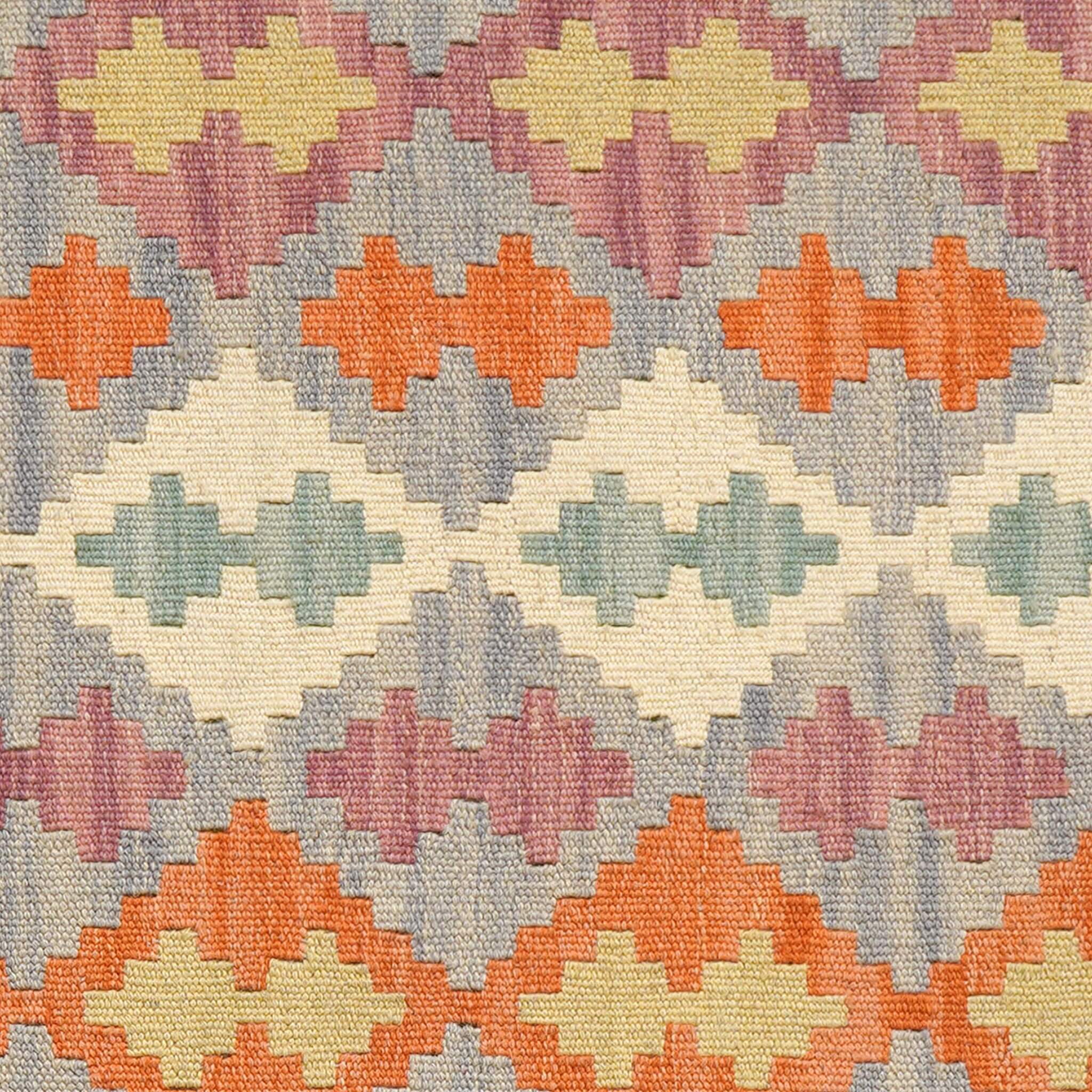 Traversa reversibila din lână țesuta manual cu motive traditionale geometrice in culori pastel, Kilim Gashghai (204cm x 85cm)