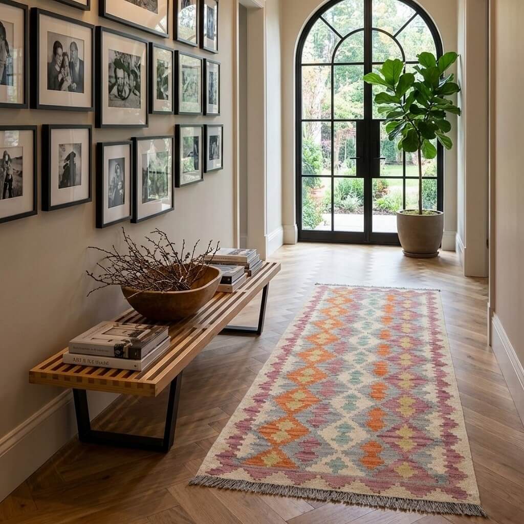 Covor traversa din lână țesut manual cu motive traditionale geometrice in culori pastel pe hol la intrare, Kilim Gashghai (204cm x 85cm)