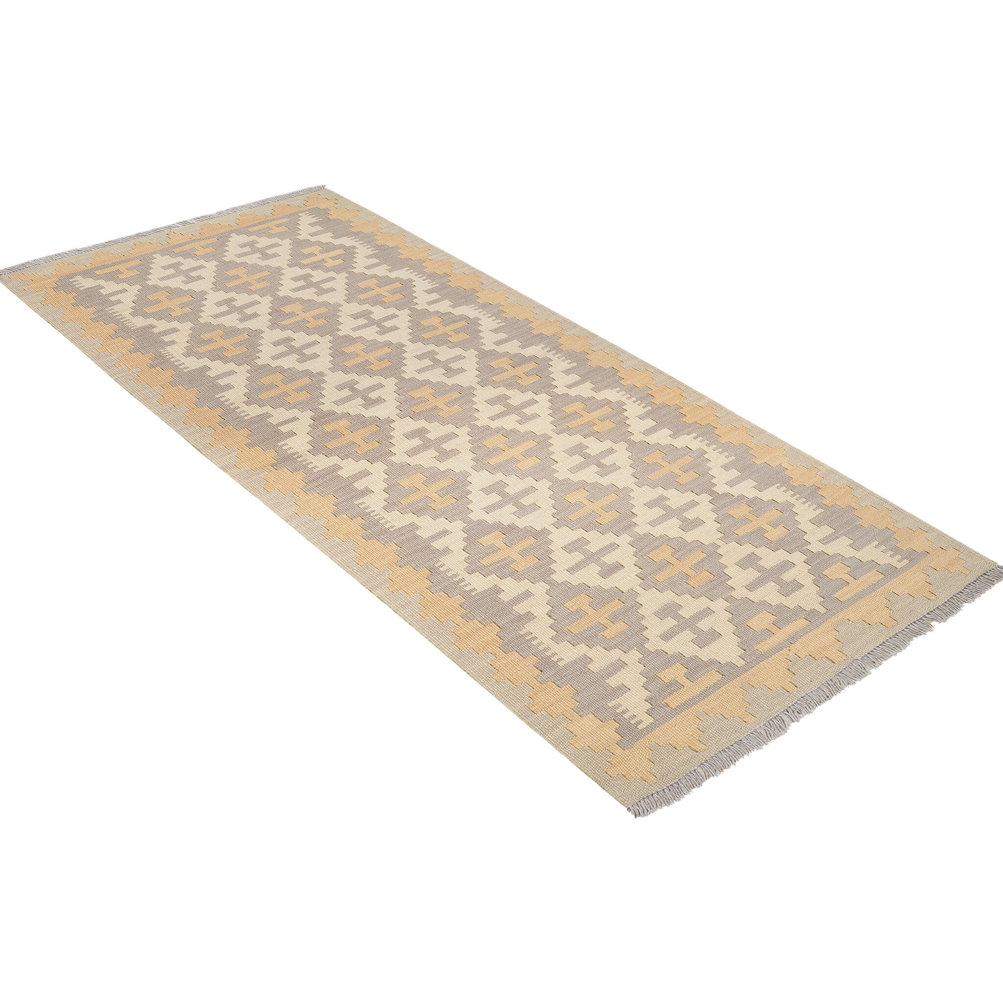 Covor traversa din lână țesut manual cu romburi in culori de gri si bej, Kilim Gashghai (195cm x 84cm)