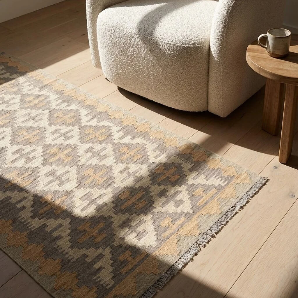 Traversa din lână țesuta manual cu model geometric in culori de gri si bej, Kilim Gashghai in fata unui fotoliu (195cm x 84cm)