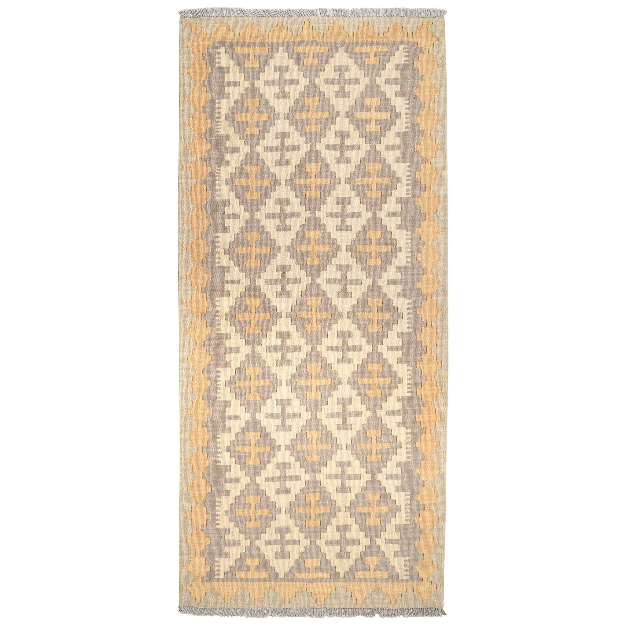 Covor traversa din lână țesut manual cu motive traditionale geometrice in culori de gri si bej, Kilim Gashghai (195cm x 84cm)