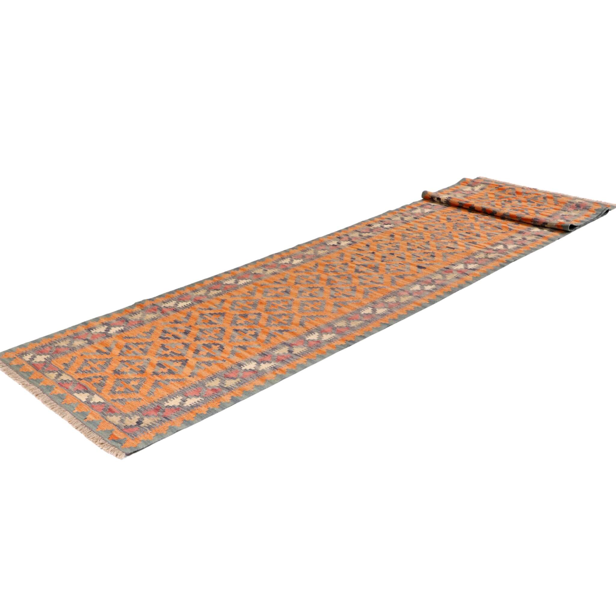 Traversa lunga din lână țesuta manual cu motive geometrice predominant portocaliu, Kilim Gashghai (403cm x 86cm)