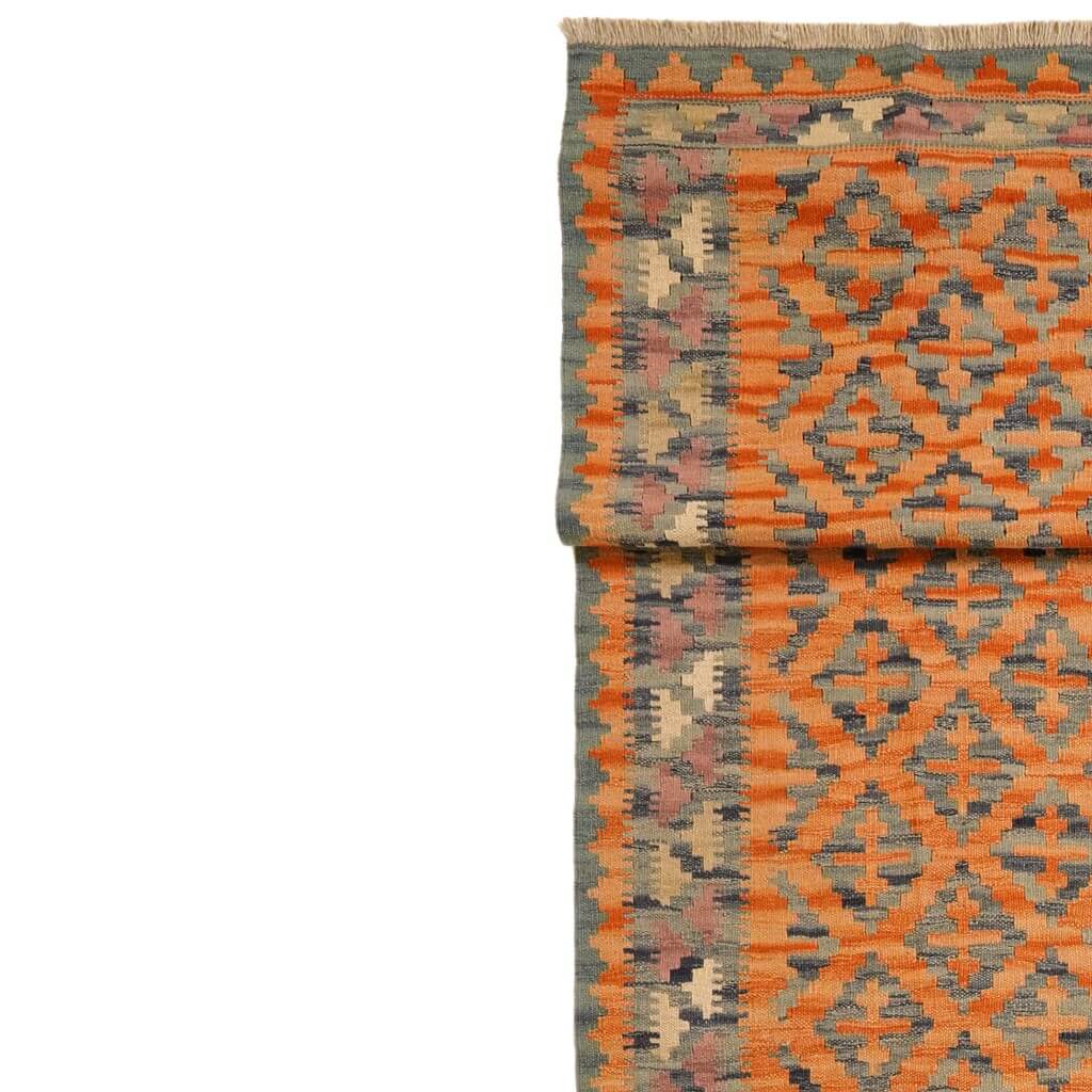 Covor traversa din lână țesut manual cu motive geometrice predominant portocaliu cu franjuri mici, Kilim Gashghai (403cm x 86cm)